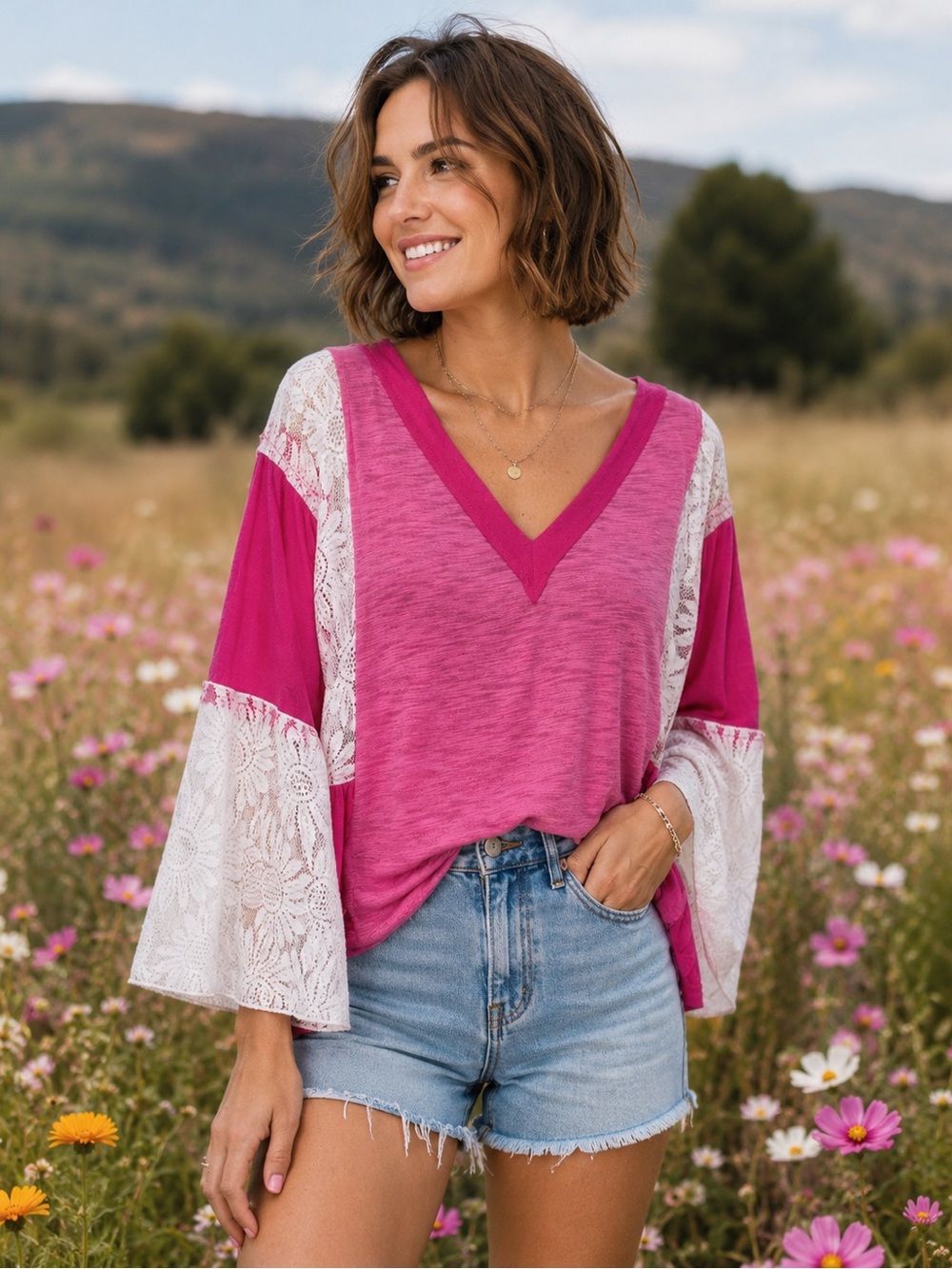NWOT POL Boho Top - Bell Sleeves - Lace Detail